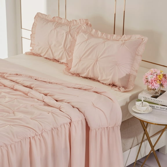 MallenHome 3-Piece Pintuck Ruffle Skirt Quilt/Bedspread/Coverlet Set Queen Size Peach/Pink Color