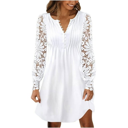 QUYUON Sweater Dress for Women Clearance Casual V-Neck Long Sleeve High Waist Buttons Solid Color Loose Dress Women Cocktail Dresses Midi Bodycon Dress Style D-13144 White XL