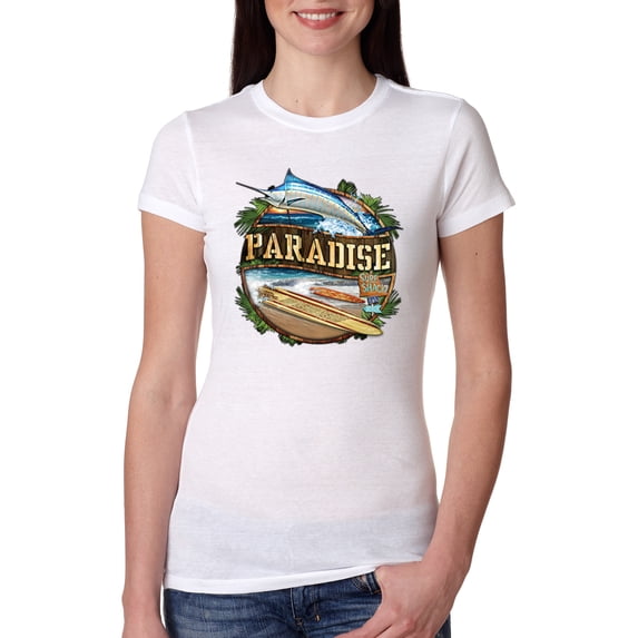 Wild Bobby, Paradise Surf Shack Marlin Pop Culture Womens Slim Fit Junior Tee, White, Large