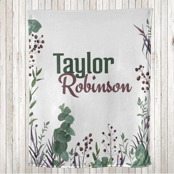 Botanical Throw Blanket, Eucalyptus Branches Thyme Leaves and Berries Garden Art Composition, Flannel Fleece Accent with Custom Name Photo Backdrop, 60" x 40", Dark Mauve Reseda Green, by Ambesonne