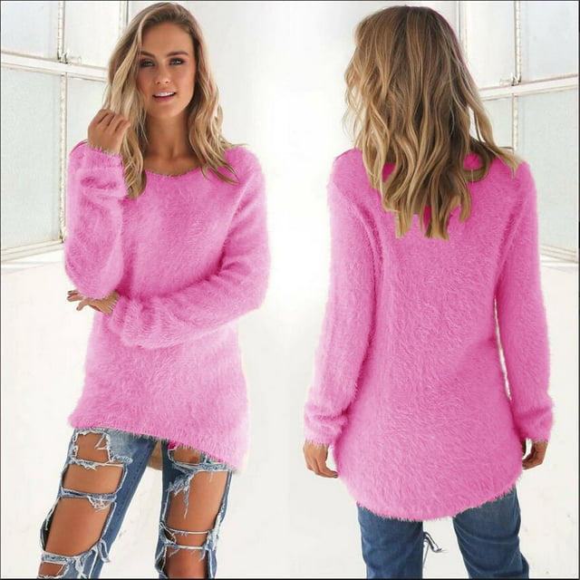 Jsaierl Hauts à Manches Longues pour Femmes en Molleton Col Rond Chandail Ourlet Haut-Bas Blouses Unies Coupe Ample Chandail Confortable Chaud Chandail d'Hiver