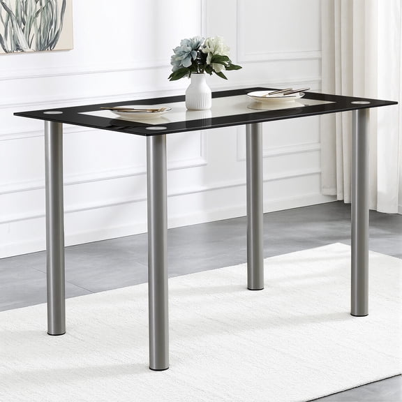 Rectangular Dining Table for 4, Paproos 43" Tempered Glass Kitchen Table, Small Dining Room Table with Stainless Steel Legs for Kitchen Dining Room, Transparent & Black(Only Table)