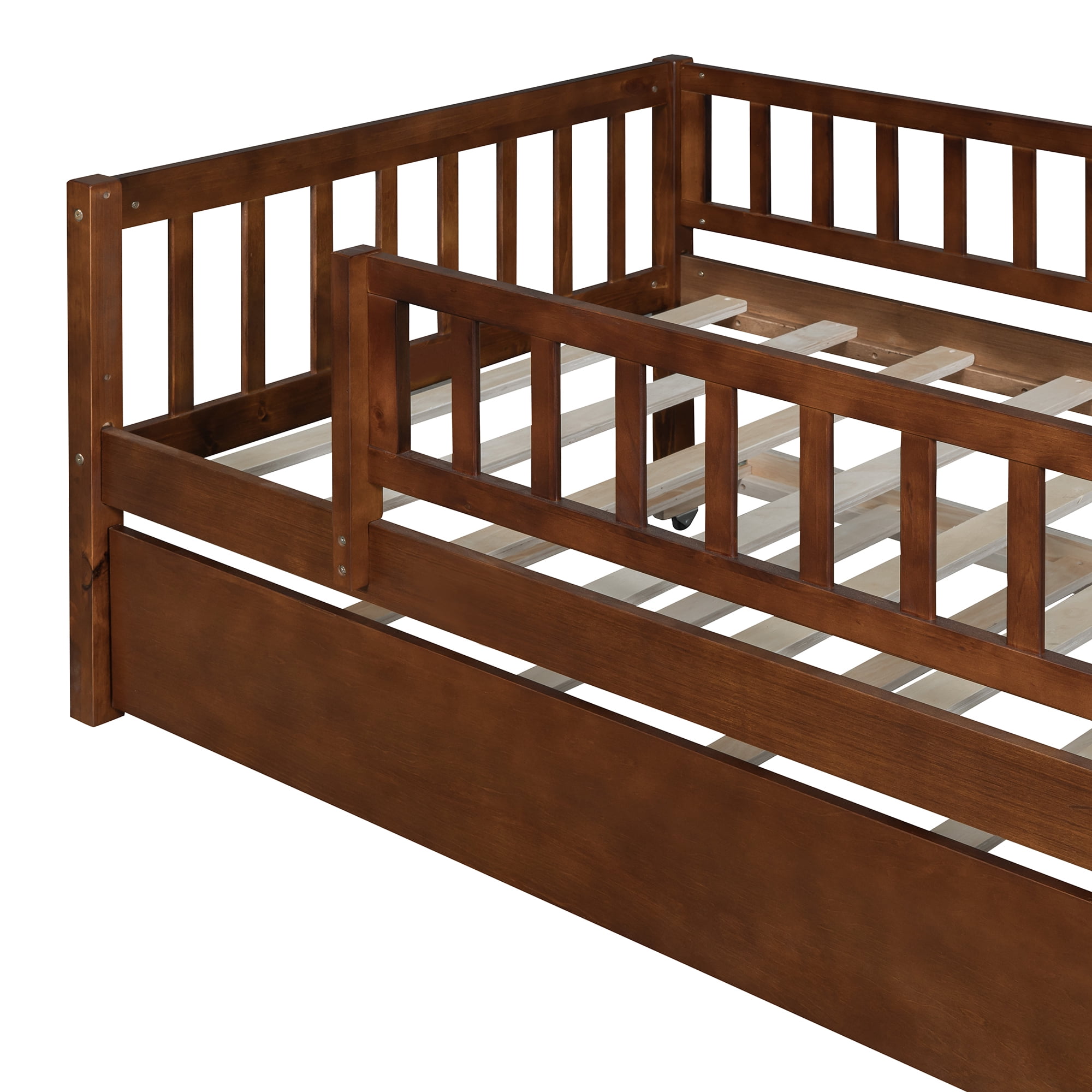 Holaki Twin Size Wood Bed with Trundle and Guardrails for Kids, Walnut