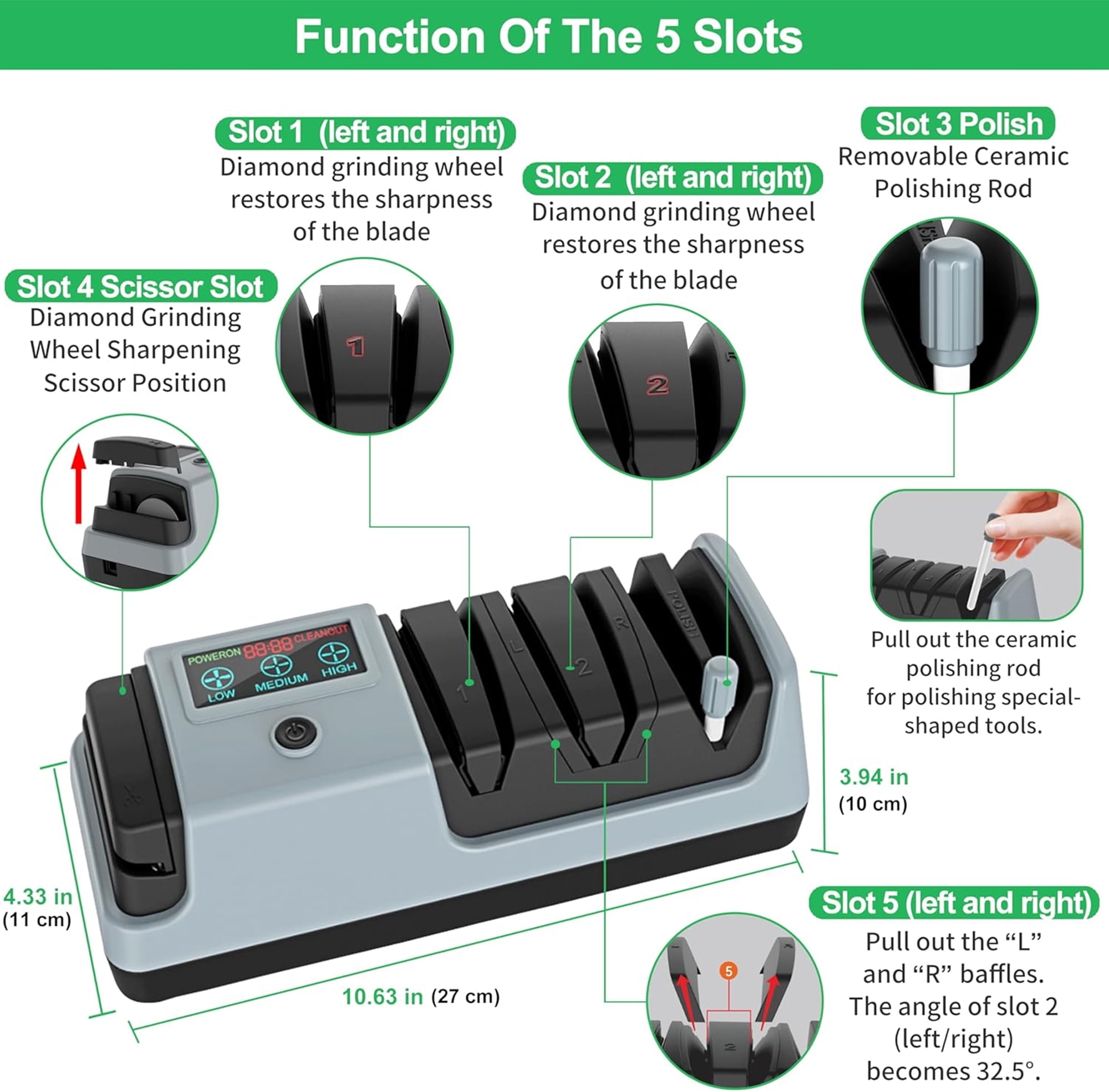 5 in 1 Electric Knife Sharpener with LCD Screen, 3 Rotational Speed Adjustable, 100% Diamond Abrasives, Electric Knife Sharpener for Straight, Serrated, Meat Cleaver, Ceramic Knives & Scissors, Gray