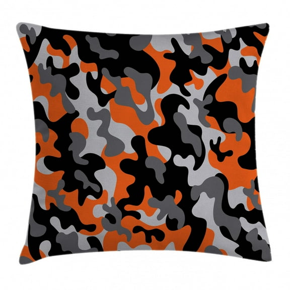 Camo Throw Pillow Cushion Cover, Vibrant Artistic Camouflage Lattice Like Military Service Combat Theme Modern, Decorative Square Accent Pillow Case, 20 X 20 Inches, Orange Grey Black, by Ambesonne