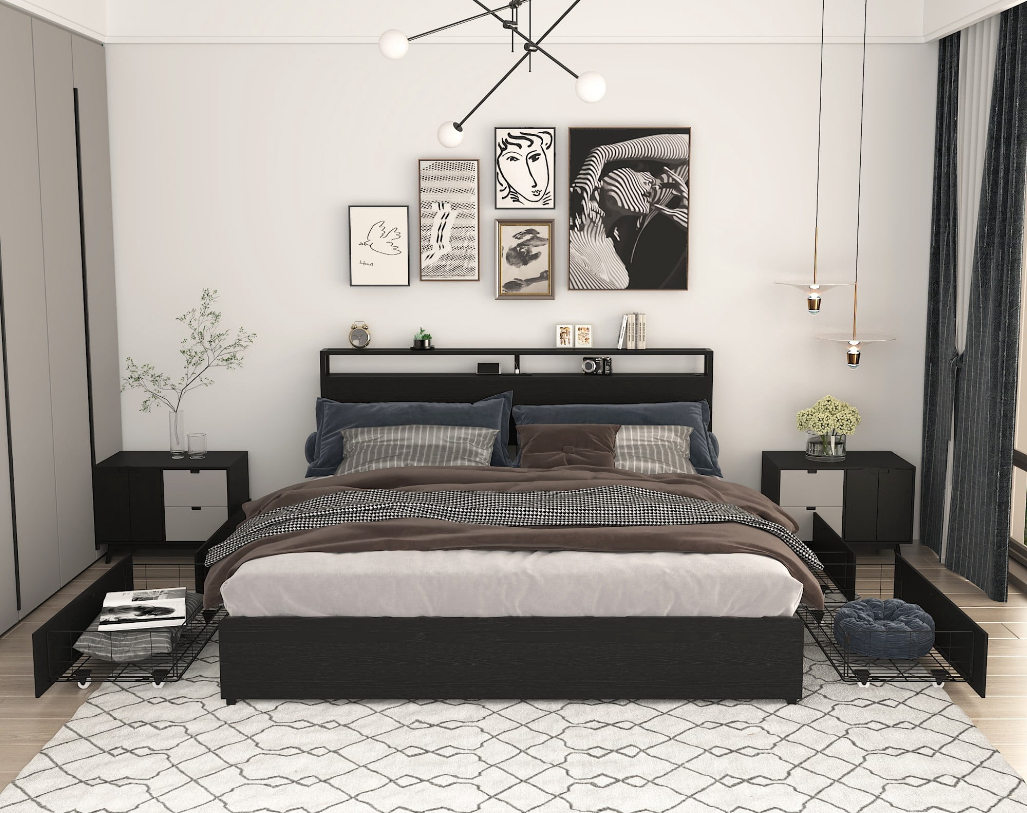 AENKYO King Size Bed Frame with LED Lights, Storage Headboard & 4 Drawers, Built-in Charging Station, Antique Black