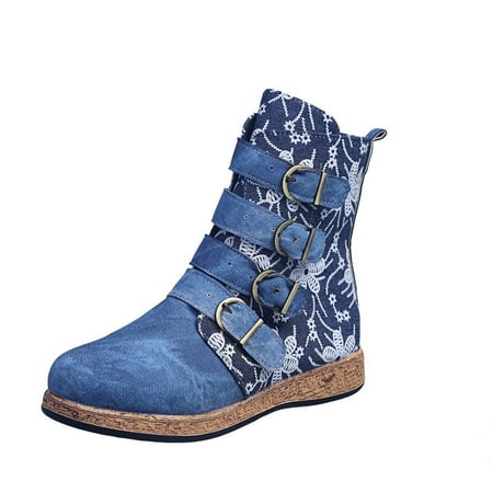 

Juebong Vintage Red Boots Large Printed Hiking Boots Winter Slip On Combat Leather Boots Blue Size 9.5-10