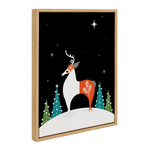 Kate and Laurel Sylvie Season's Greetings Reindeer Framed Canvas Wall Art by Amber Leaders Designs, 18x24 Natural, Mid-Century Modern Colorful Christmas Animal Art for Wall