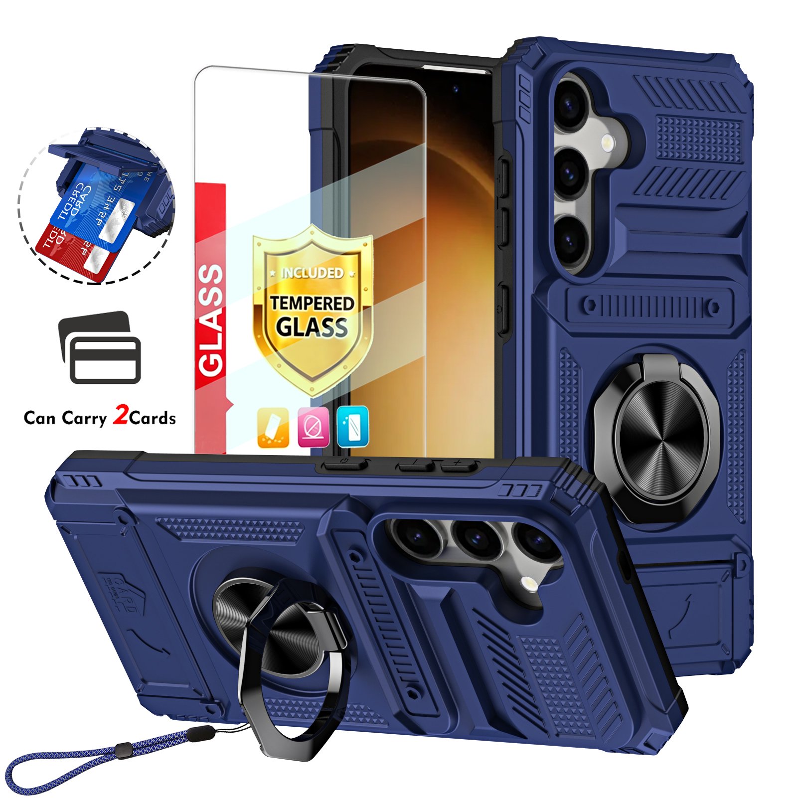 Kryonix for Samsung Galaxy A17 5G 6.7‘’ Case with Screen Protector and Strap,Finger Ring Holder Kickstand,Heavy Duty Shockproof Rugged Protective Case,Working with Magnetic Car Phone Mount,Blue
