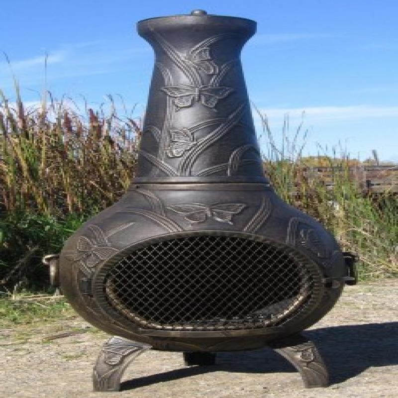 The Blue Rooster Co. Butterfly Style Cast Aluminum Wood Burning Chiminea in Gold Accent. by