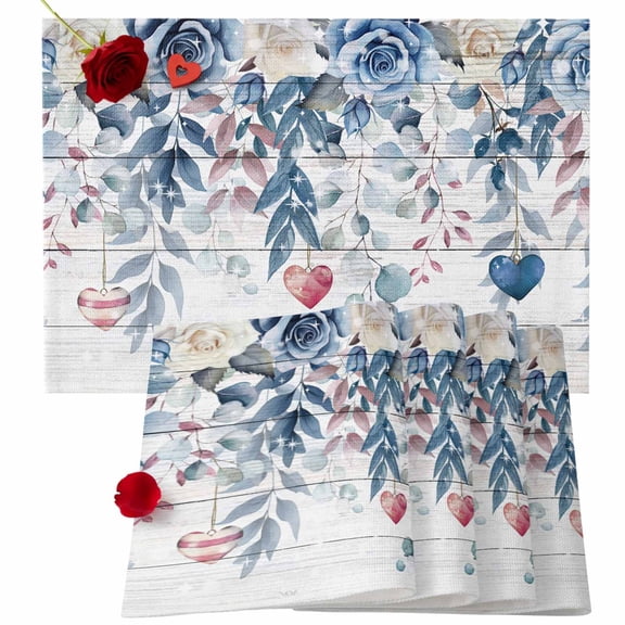 Valentine's Day Placemats Set of 4, Eucalyptus Leaves Heart Place Mats Blue Wood Grain Rose Tablemats Placemat Table Decoration for Kitchen Table Dinner Wedding Party Home Decor 13x19 Inch
