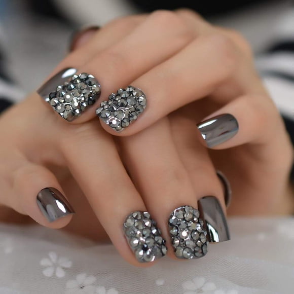 Coolnail Punk Dark Smoky Grey Espejo reflectante Chapado en metal Puntas de uñas postizas francesas Punk Metallic Diamond Uñas postizas con pegamento adhesivo
