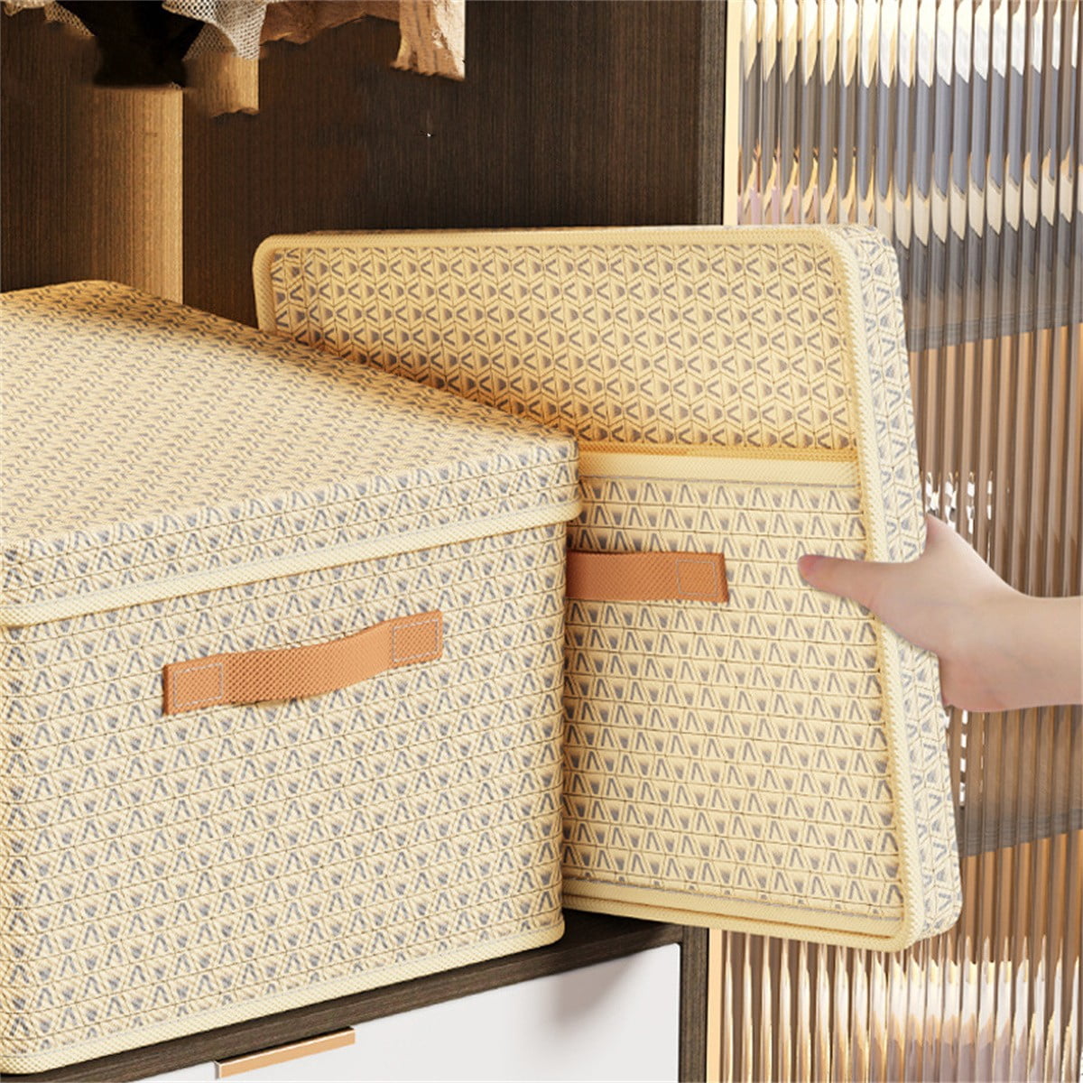 Clothing Storage Bins with Lid, Foldable Storage Baskets for Organizing Shelves Bedroom, Fabric Bins with Handles, Set of 2, Beige
