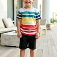 thumbnail image 2 of YABCSAZ Boys Summer Outfit Sets Short Sleeve T-Shirts Tops and Wide Leg Bermuda Shorts Kids Sets Striped Graphic Summer Clothes Loose Casual Baby 2Piece Playwear Sets Size 6 Years, 2 of 5