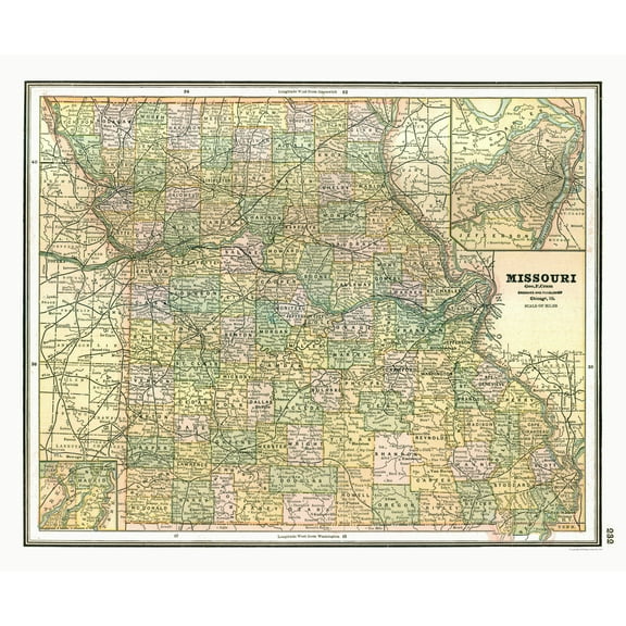 Historic State Map - Missouri - Johnson 1888 - 27.79 x 23 - Vintage Wall Art