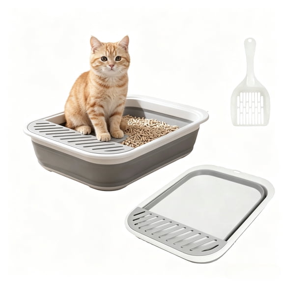 Foldable Cat Litter Box with Scoop, Collapsible Travel Toilet for Small Cats, Low Entry Anti-Splash Pan, Gray, 17.7 x 13.4 x 5 in
