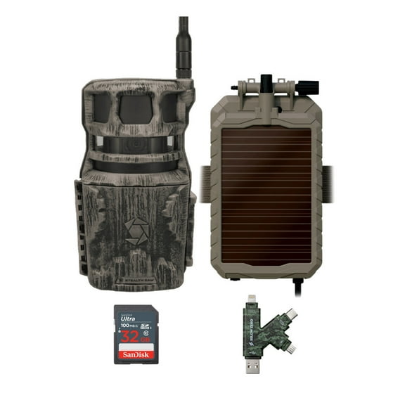 Stealth Cam Revolver 40MP Pro 360 Degree Cellular Trail Camera Bundle with Sol-Pak Solar Battery Pack, 32GB Ultra SDHC UHS-I Memory Card, and Hi-Speed SD USB 2.0 Card Reader (4 Items)