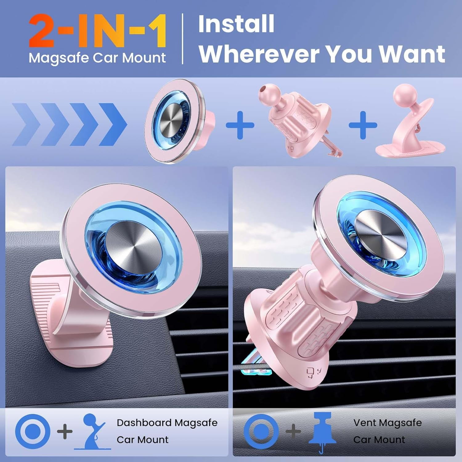 for MagSafe Car Mount Magnetic Phone Holder for Car [2026 Upgraded 22X Magnets & Double-Hooks] Phone Holders for Your Car Stand for Dashboard Vent GPS for iPhone 17/16/15/14/13 Android-Pink