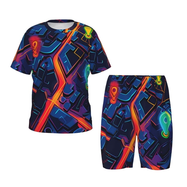 Fotbe Neon City Map Pijama Estampada de 2 Piezas para Niños – Ropa de Dormir de Manga Corta Cómoda para Niños y Niñas, Camiseta y Shorts de Algodón-4X-Large