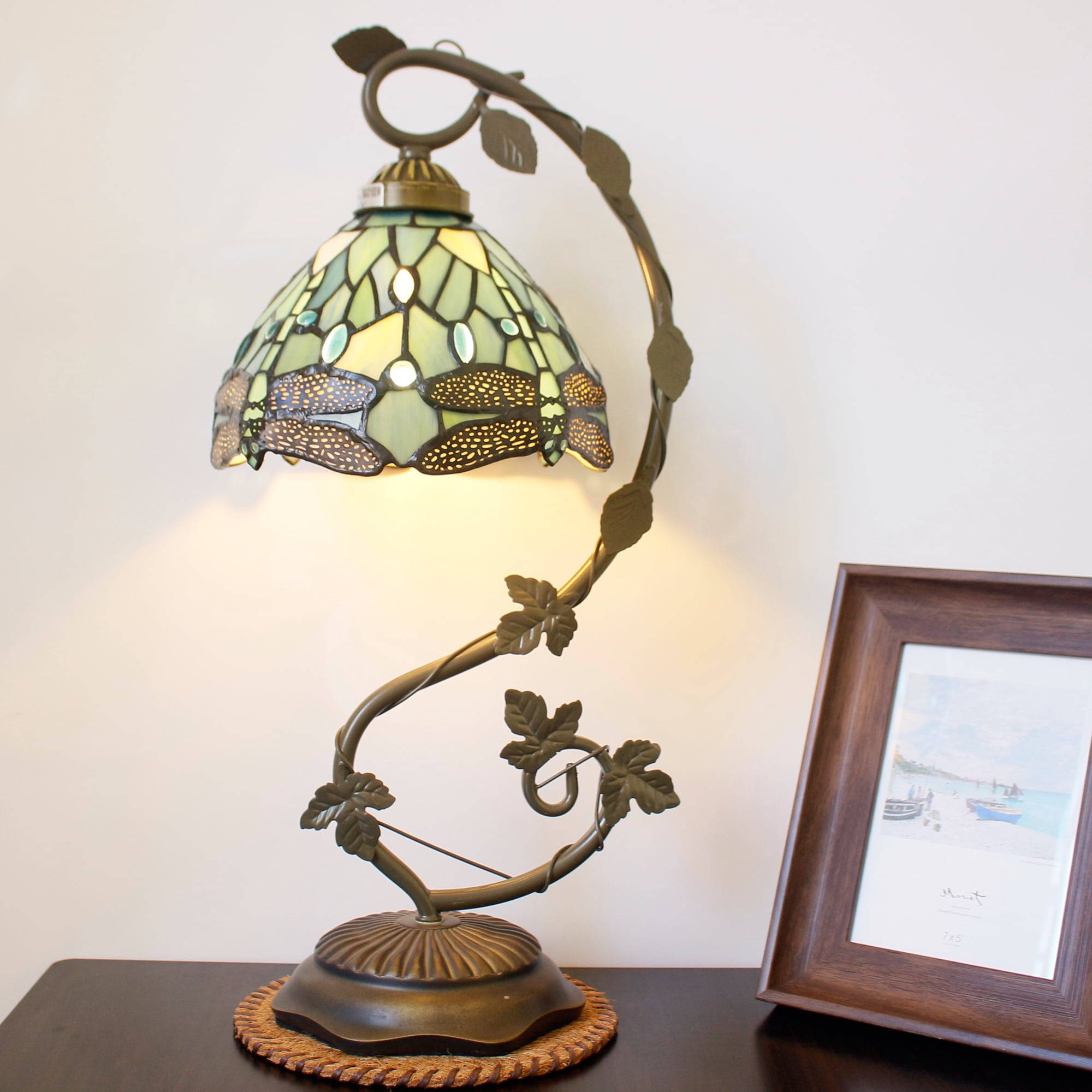 Tiffany Lamp - Bedside Lamp with Stained Glass Shade, Sea Blue Dragonfly Table Lamp with Antique Metal Leaf Thin Base for Small Space of Living Room, Bedroom, Banker Desk Light