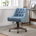 thumbnail image 3 of No Armless Office Chair with Curved Backrest, Adjustable Height Swivel Desk Chair with Wheels, Linen Fabric Upholstered Computer Task Chair with Cross Wooden Legs, Navy, 3 of 9