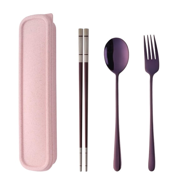 Portable Travel Flatware 3PCS Spoon Fork Chopsticks Set 18/10 Stainless Steel with Case and Bag for School Work Office lunch (Purple)