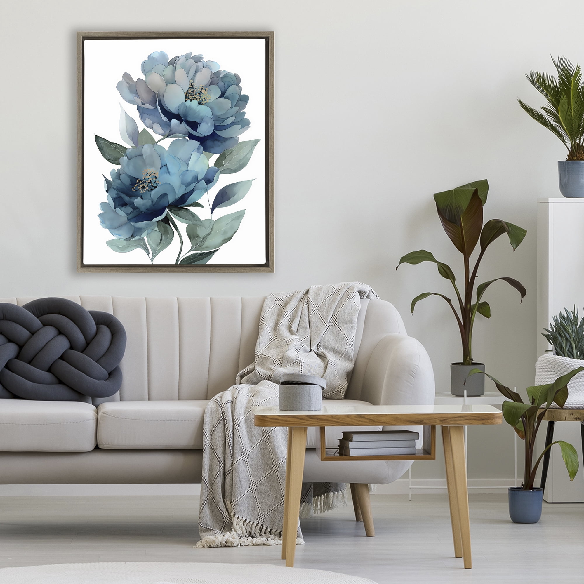 Stupell Industries Two Blue Flowers Serene Peonies Brown Framed Floater Canvas Wall Art, design by Franklyn Gregory