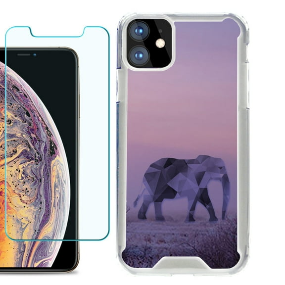 For Apple iPhone 11 Case, Hybrid Bumper Phone Case, with Tempered Glass Screen Protector, by OneToughShield ® - Twilight Elephant