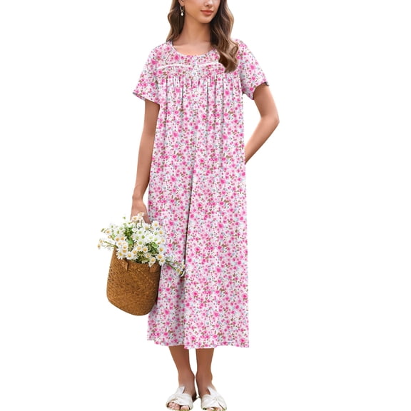 Ekouaer Cotton Nightgowns for Women Long Night Gown Short Sleeve Sleepdress Victorian Sleepwear Nightdress with Pockets