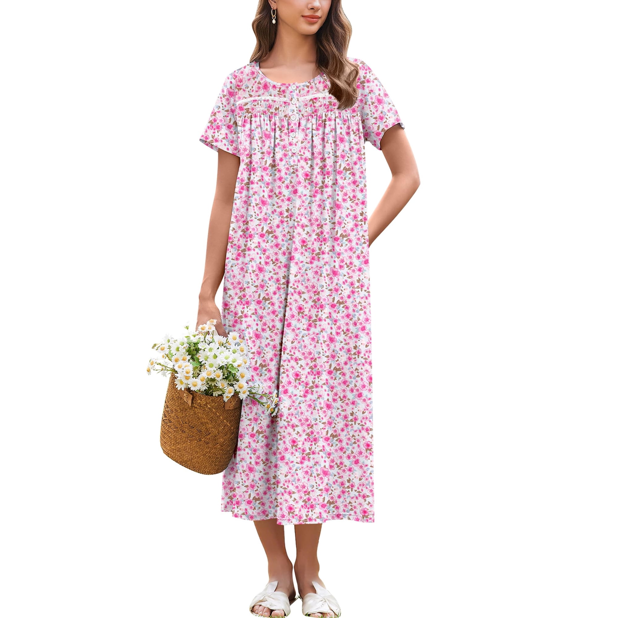 Ekouaer Cotton Nightgowns for Women Long Night Gown Short Sleeve Sleepdress Victorian Sleepwear Nightdress with Pockets