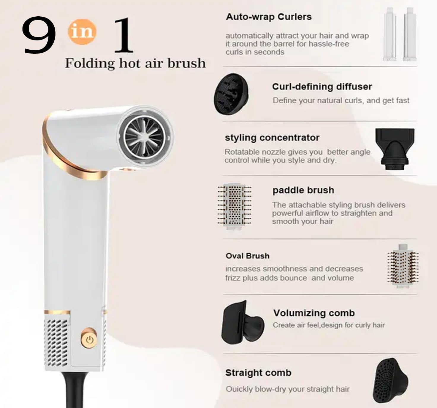 9 in 1 Hair Styler & Blow Dryer Set – New Hair Dryer with Auto Curling Technology, Diffuser, Left & Right Air Curlers, Curling Brush, Straightener Brush & Nozzle