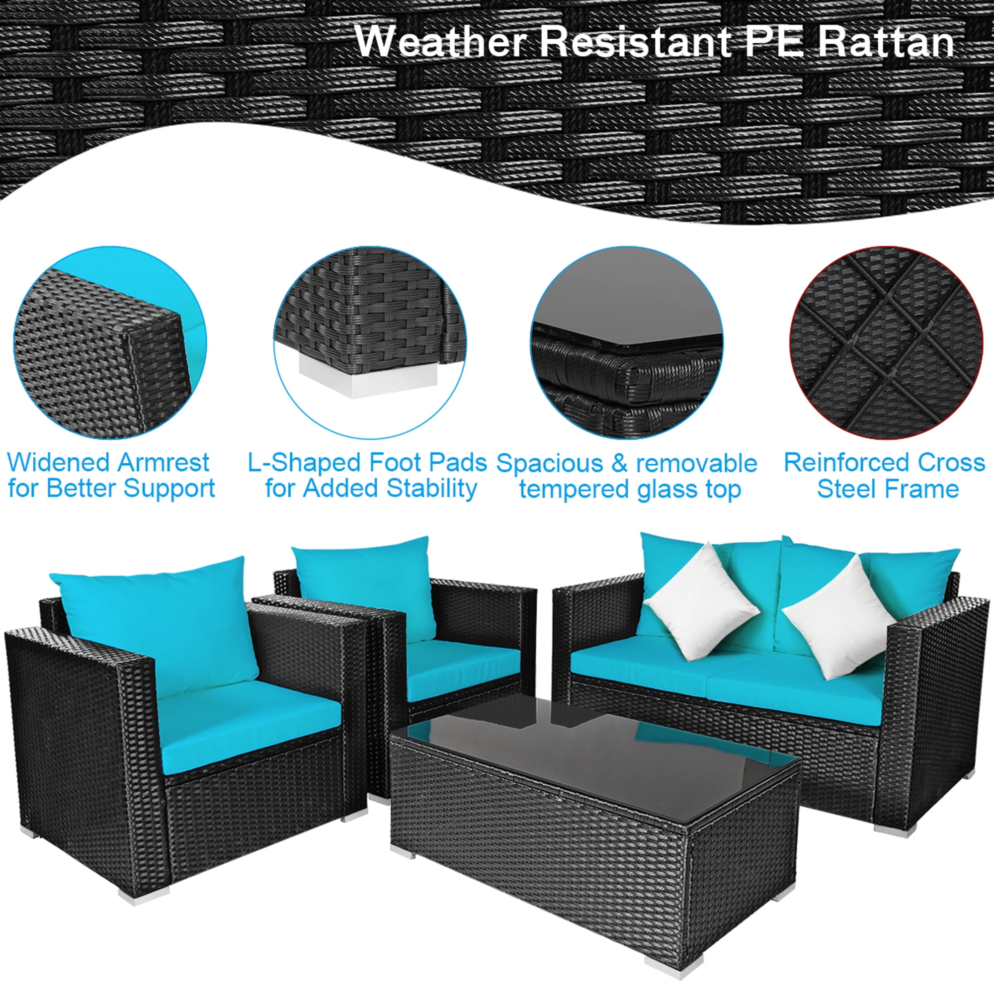 Gymax Fashion 4PC Rattan Patio Furniture Set Outdoor Wicker With Turquoise Cushion