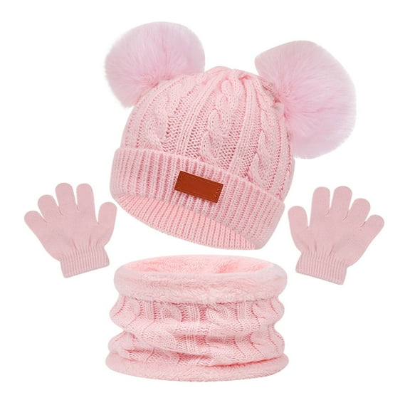 UJNDER Warm Children's Hat Scarf and Gloves Set for Autumn and Winter Featuring Two Baby Hats in Colors Light Pink