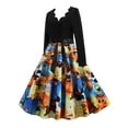 thumbnail image 2 of QLEICOM Halloween Costumes, Vintage V Neck 1950s Housewife Evening Party Prom Dress for Women, Retro Swing Cocktail Party Dress, Halloween Skull Print Long Sleeve Slim Dress M XXL, 2 of 5