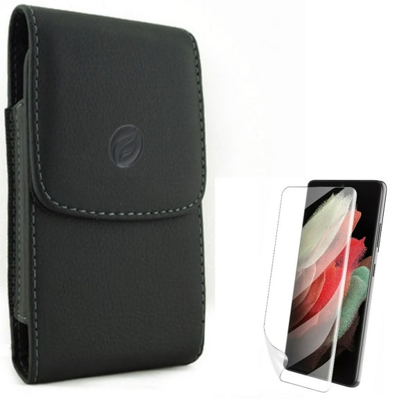 Case Belt Clip w Matte Screen Protector for Samsung Galaxy S21 Plus - Leather Holster Cover, TPU Film Anti-Glare Anti-Fingerprint