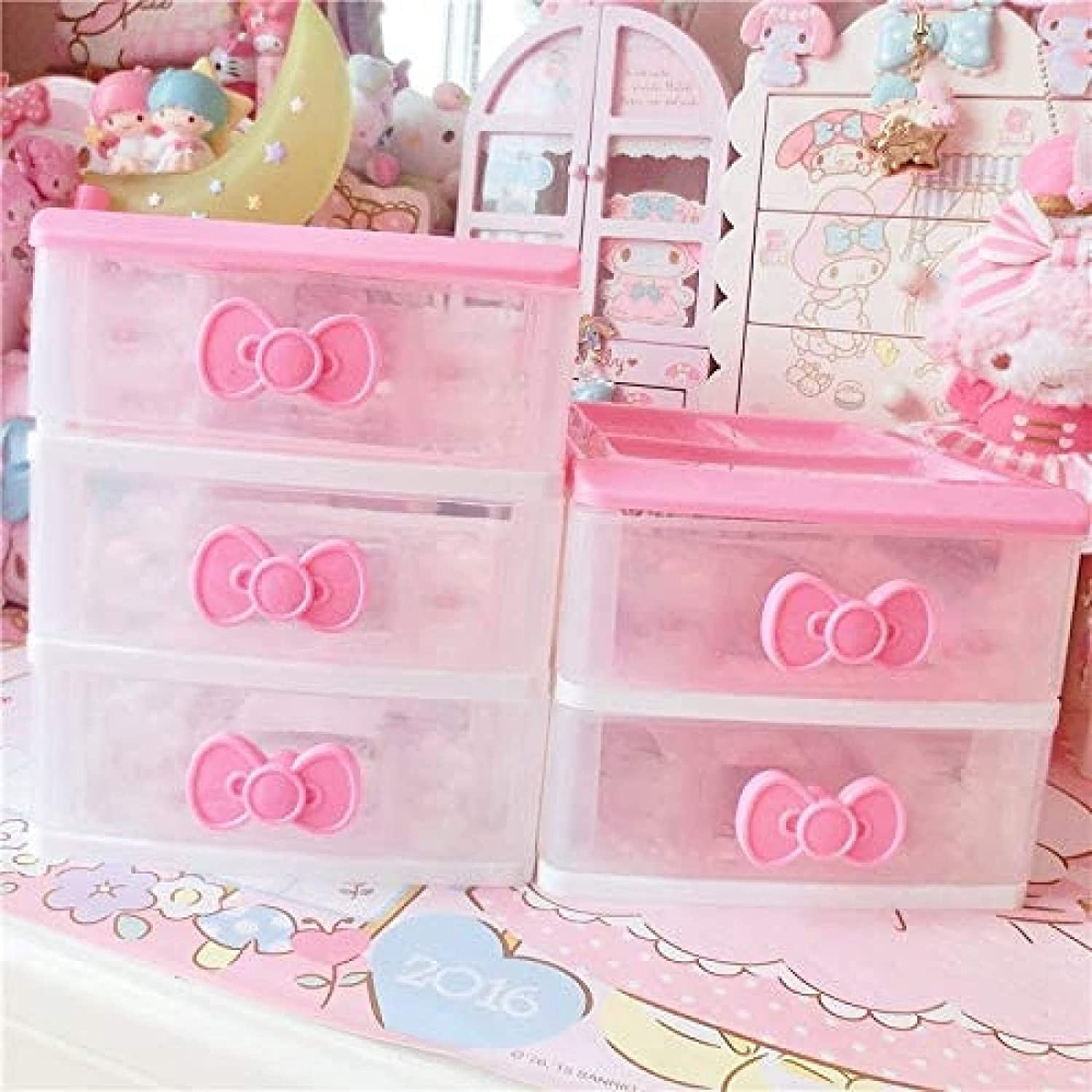 ABCISI Kawaii Desk Organizer, Kawaii Room Accessories Room Decor with Pink Bowknot , Lovely Girls Receiving Storage Cabinets Box, Room Desktop Makeup Organizer With Three-tier Desk (3 Layers)