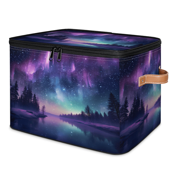 CURLYOOT Northern Lights Forest Storage Bin with Zipper Lid, Fabric Decorative Lidded Storage Baskets Boxes, Foldable Organizer Container Basket for Bedroom Closet Shelf