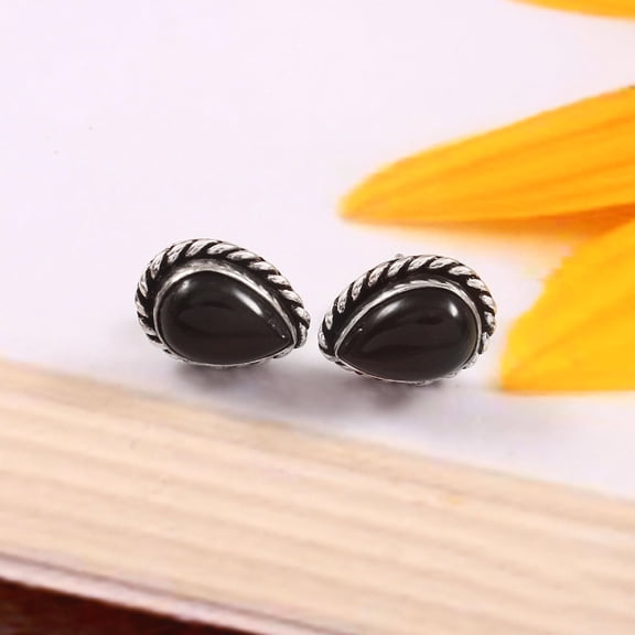 Black Onyx Stud Earrings – 925 Sterling Silver Pear Shape Natural Onyx Gemstone Studs for Women, Handmade Boho Minimalist Black Stone Jewelry Gift