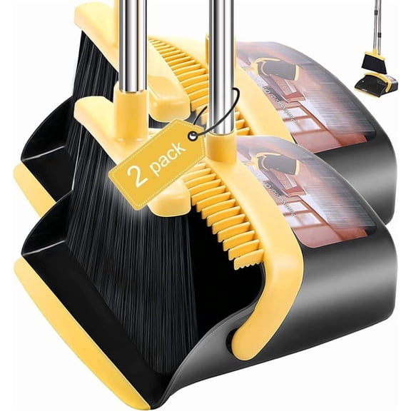 2 Pack is More economical,Brooms with Dustpan Combo Set with 52" Long Handle, Dustpan Teeth with self-Cleaning Function, Indoor and Outdoor Sweeping, Perfect for Home Office (Large/Yellow/ 2-Pack)
