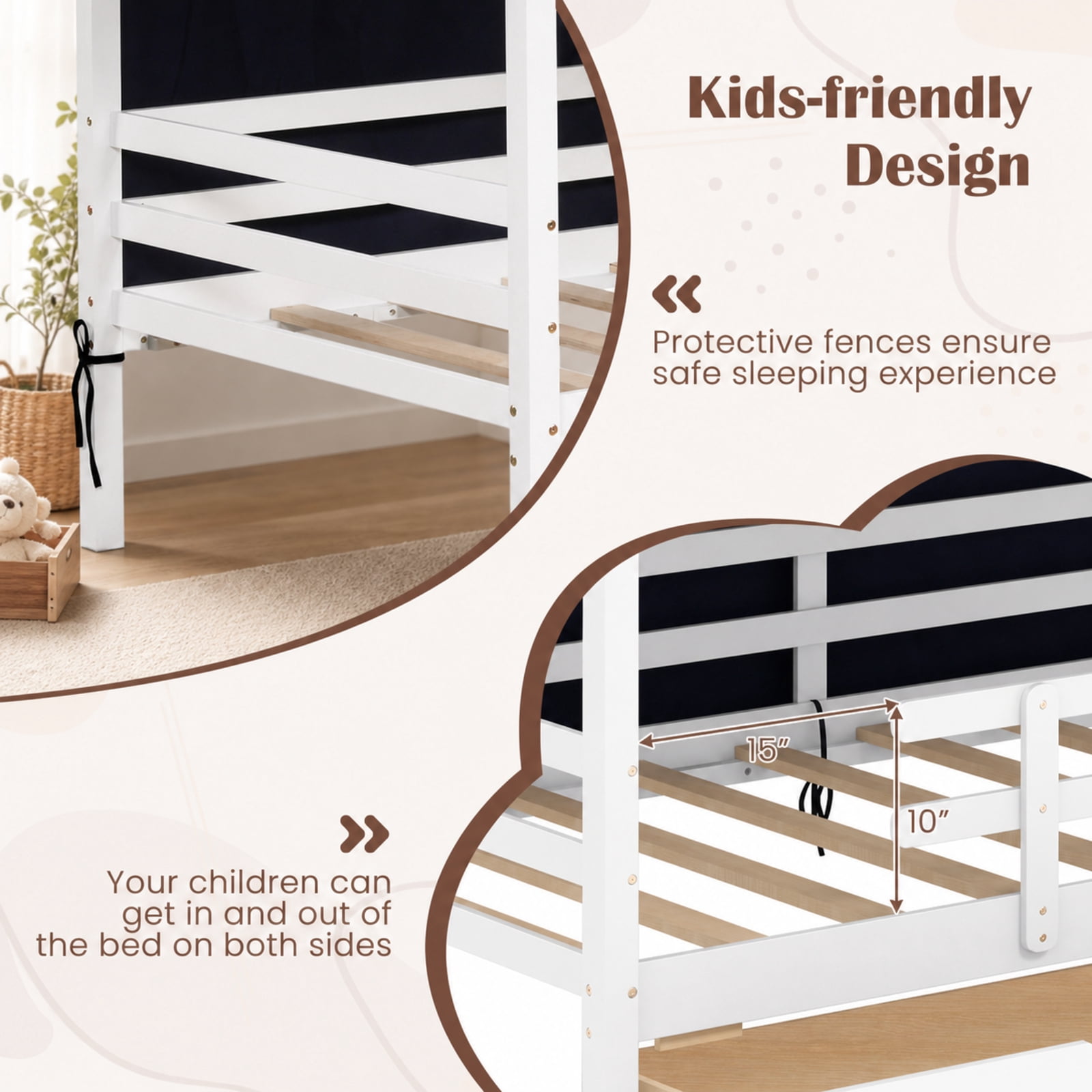 Furnibear Twin House Bed with Dustproof Tent 2 Large Storage Drawers Roll Up Curtains Rolling Casters Protective Fences and Solid Wood Frame, White
