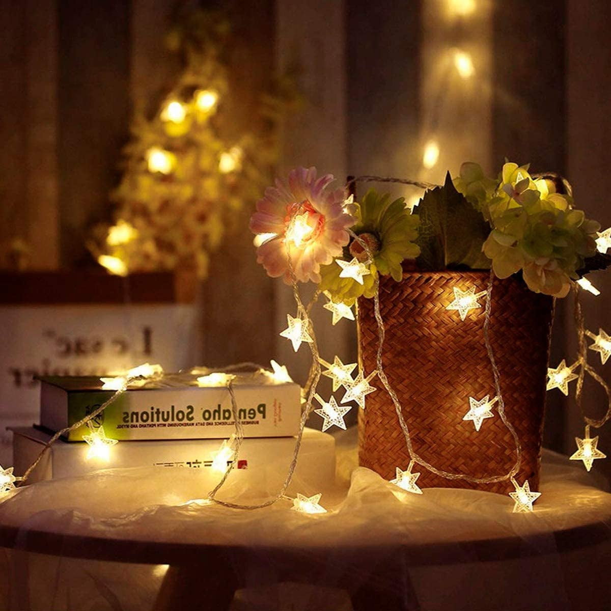 9.8ft Star-Shaped String Lights, Bright & Flashing Energy Saving Fairy Lights with 20 LED, Outdoor Waterproof Star Lights, Battery Powered Fairy Light for Xmas Tree, Indoor Decor, Warm White