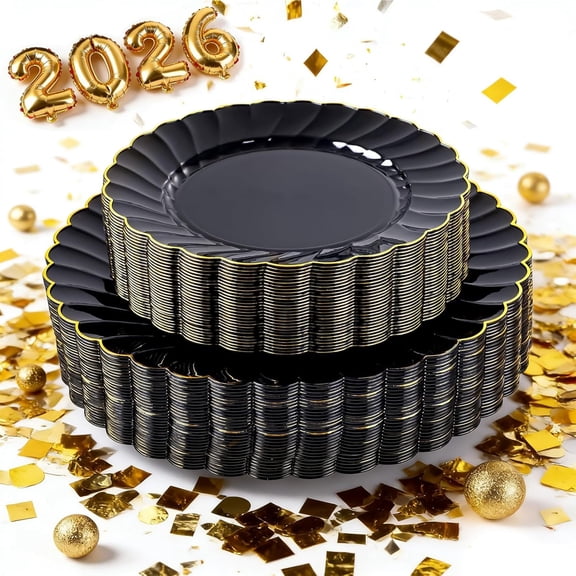 60PCS Ivory Scalloped Plastic Plates - Hard Craem and Gold Fancy Disposable Plates include 30 Gold Dinner Plate, 30 Dessert Plate for Party, Wedding