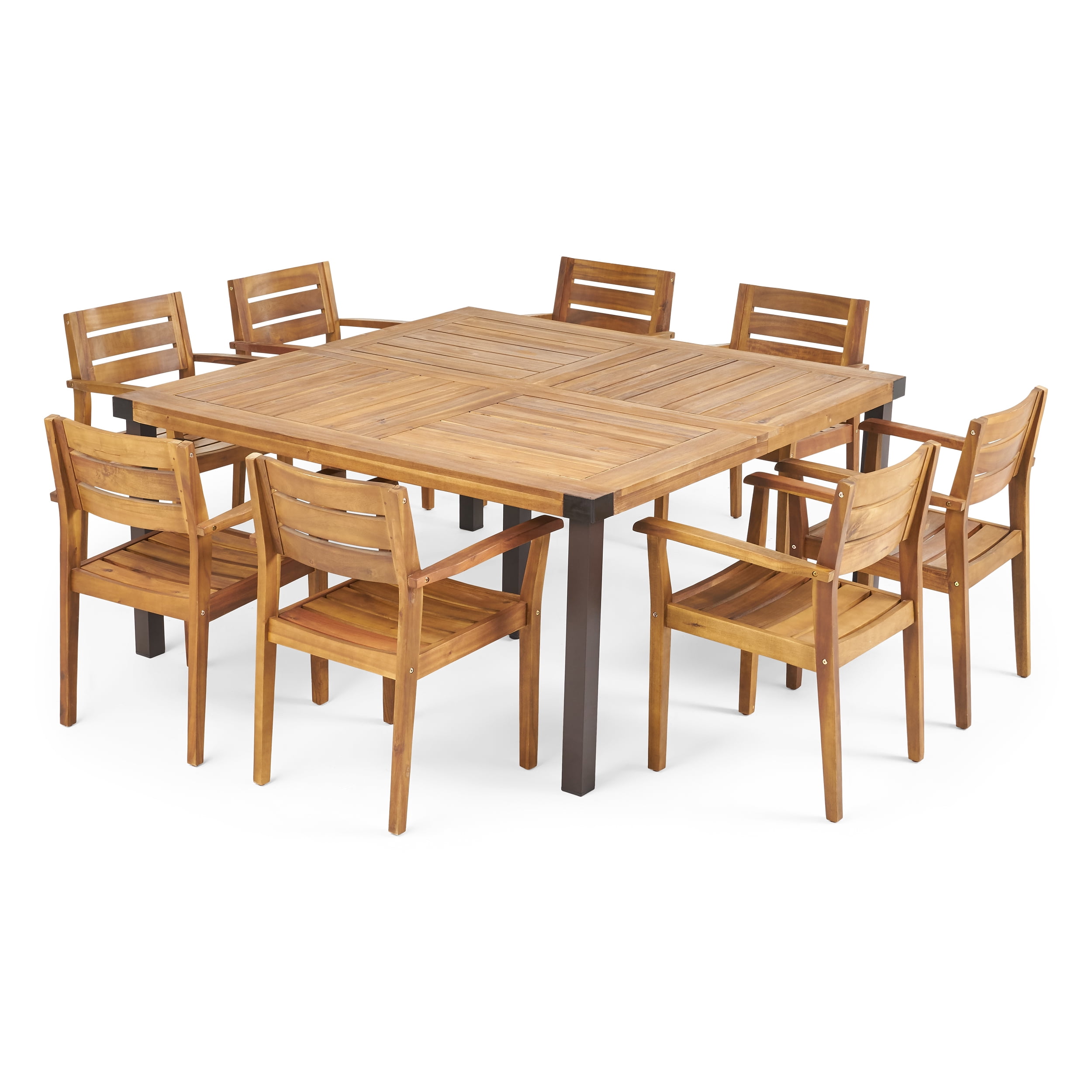 Emmitt Outdoor 8 Seater Acacia Wood Dining Set, Teak Finish, Rustic Metal