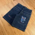 thumbnail image 3 of JNCO-ropa de calle Vintage para hombre, pantalones vaqueros de pierna ancha con estampado de serpiente bordada, pantalones cortos holgados para gimnasio, pantalones vaqueros para monopatín, novedad de, 3 of 3