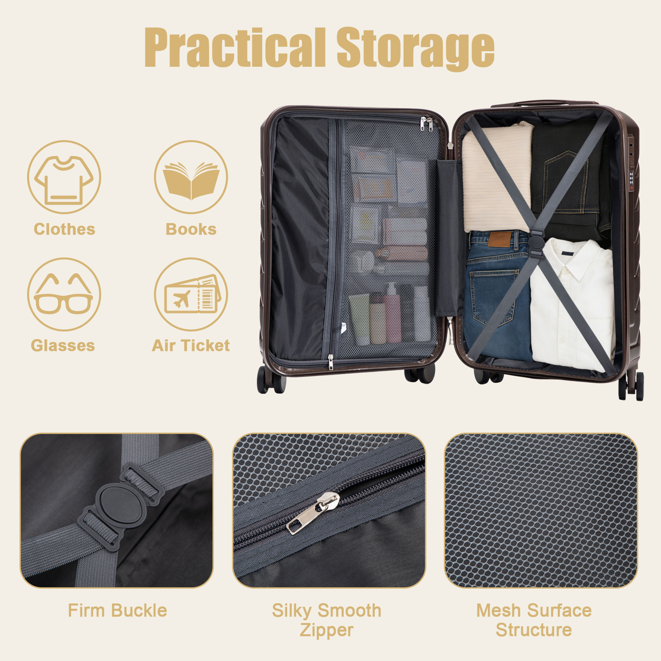 GDF Studio 20" Scratch-Resistant ABS Hard Shell Travel Luggage with 360° Spinner Wheels & Combination Lock, Brown