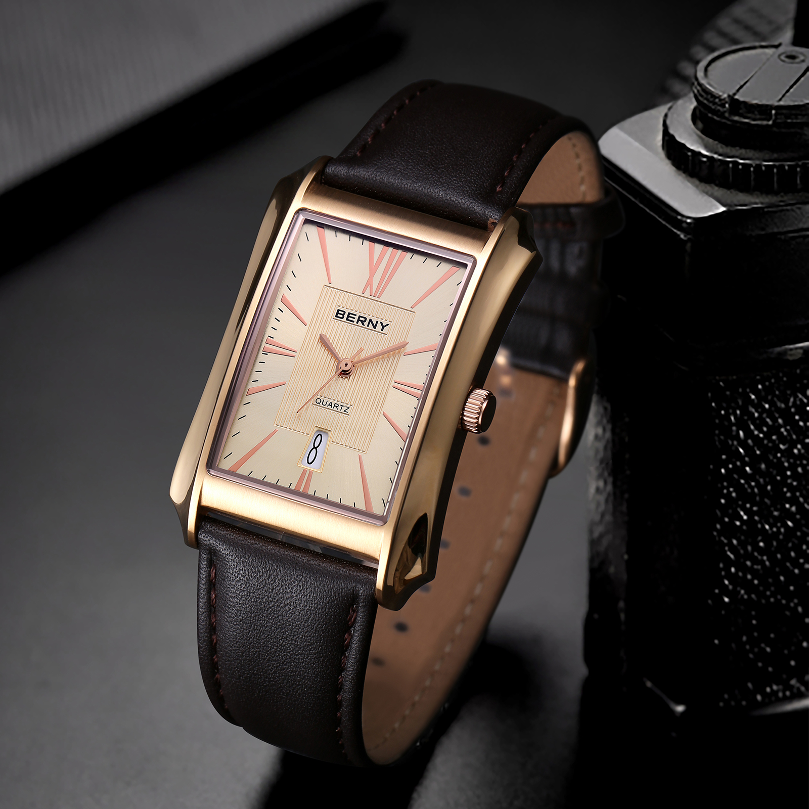 BERNY Men's Leather Watch, Vintage Stainless Steel Rectangular Case Roman Dial Dress Analog Watch with Date Calendar, Waterproof, Classic Business Quartz Wrist Watches for Men (Rose Gold)