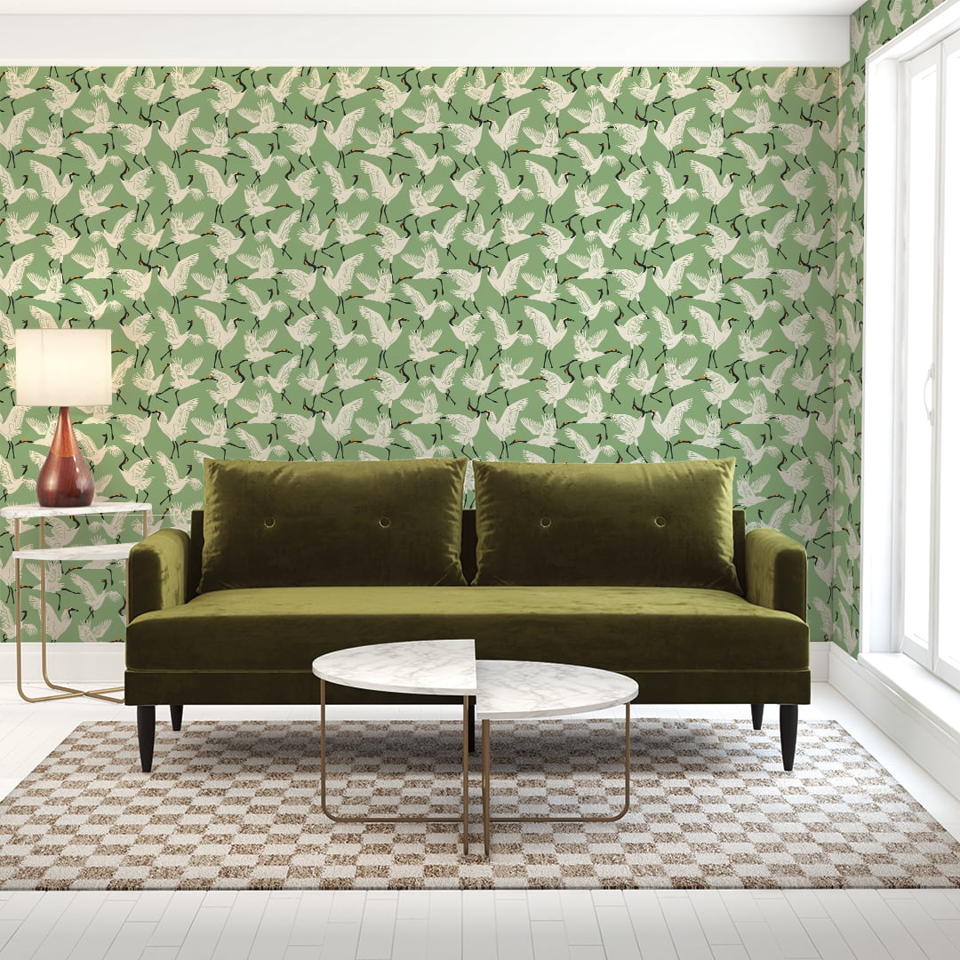 Tempaper x Novogratz Family of Cranes Green Peel and Stick Wallpaper, 20.5" x 16.5'