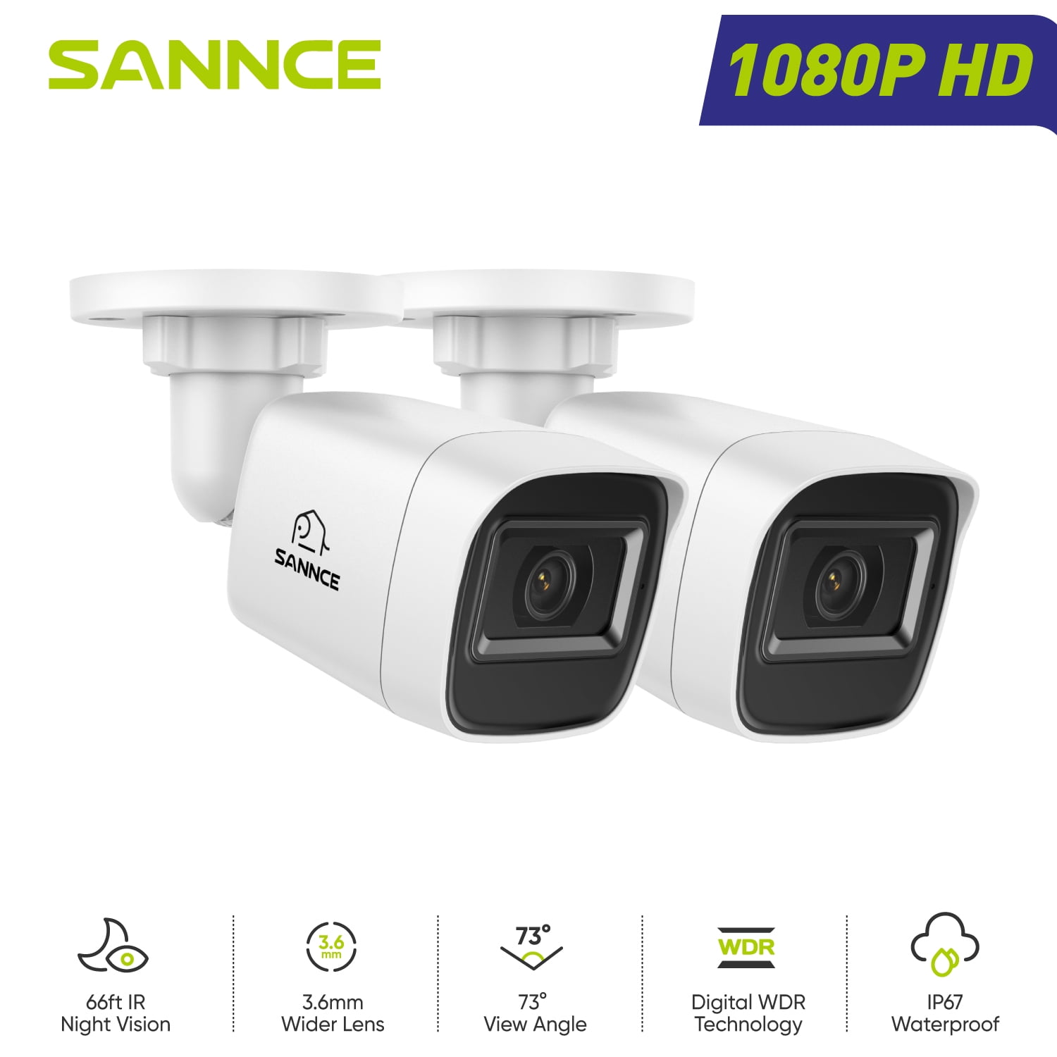 SANNCE 2PCS 2MP Full HD Wired Analog CCTV TVI-HD Outdoor Security Bullet Camera for DVR Security Camera System with Outdoor IP66 Waterproof 100 ft Night VisionB