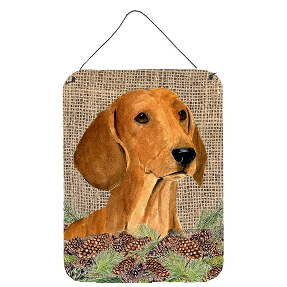 Dachshund on Faux Burlap with Pine Cones Wall or Door Hanging Prints