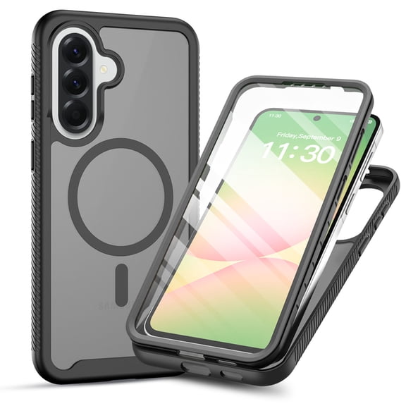 ELEHOLD For Samsung Galaxy A37 Magnetic Case,Dual-Layer Shockproof Frosted Full Body Built-in Screen Protector Non-Slip Cover , Black